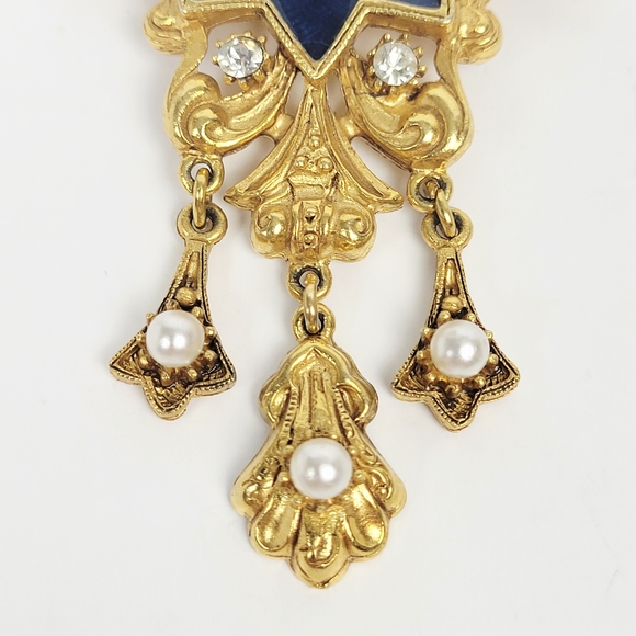 Florenza Brooch Clip On Earring Star Blue Enamel Faux Pearl Rhinestone Victorian - Picture 5 of 13